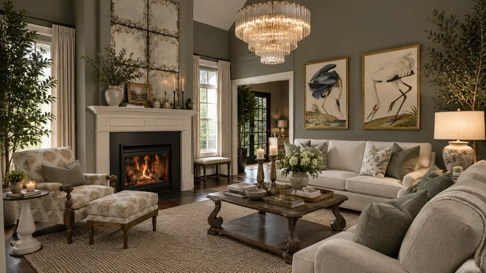 Living room design: linen sofa, patterned armchairs, skirted ottoman, framed landscapes and table lamps
